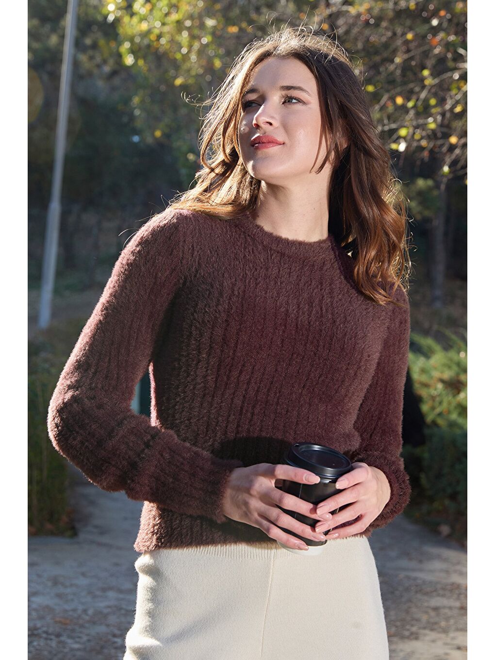 Kahverengi Bisiklet Yaka Sakallı Yumuşak Dokulu Kazak-3