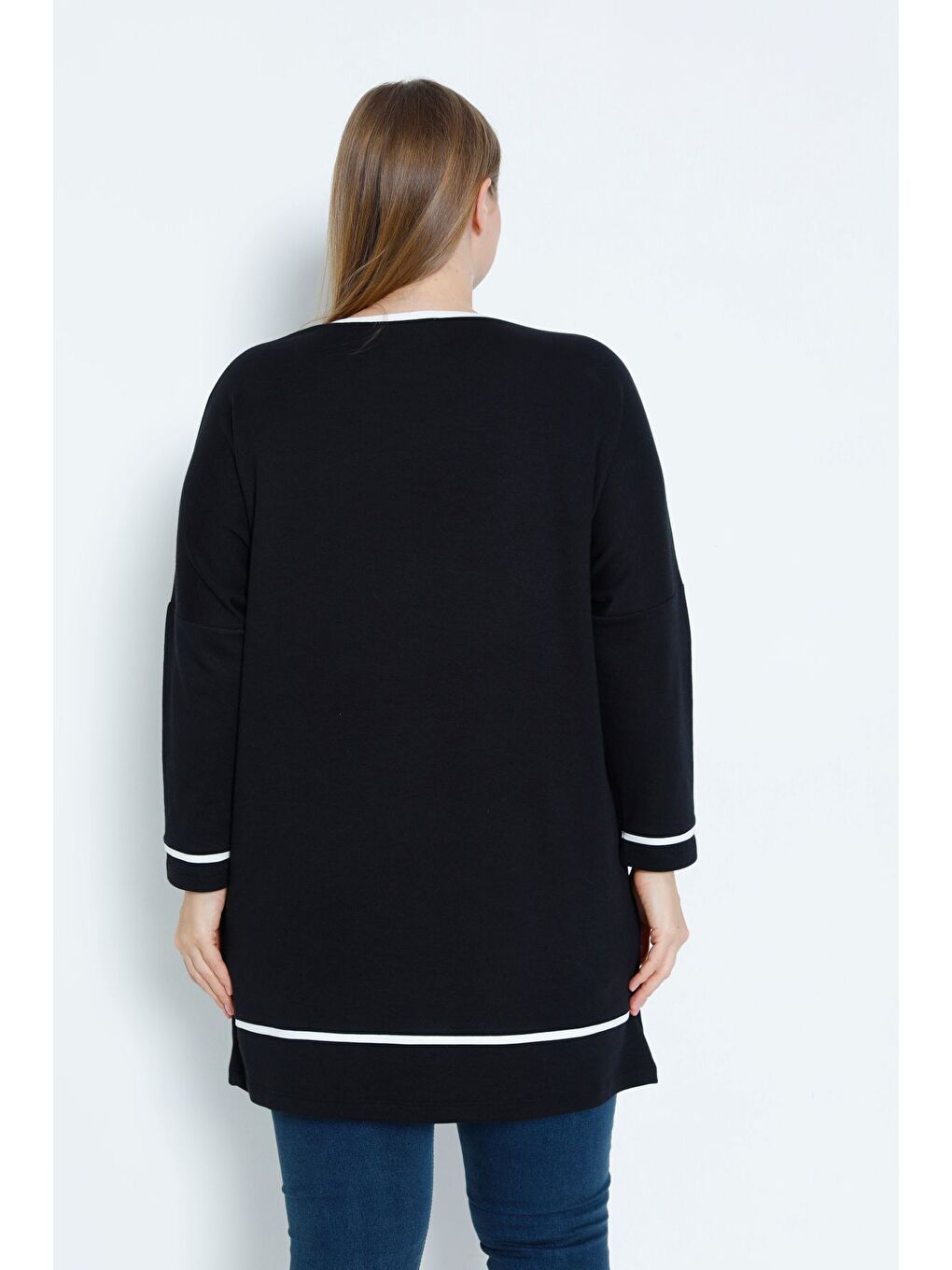 Siyah Kadın Büyük Beden Taş Detaylı Biyeli Uzun Kollu Pamuklu Tunik-4