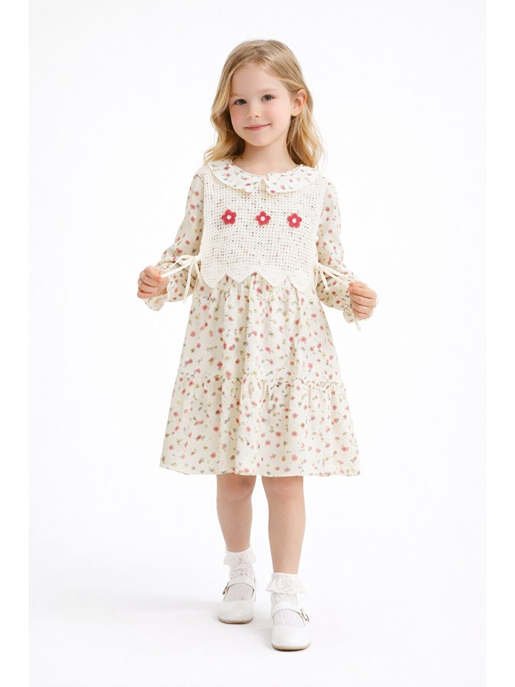 Kırmızı Çiçek Desenli Nakışlı Süveterli Kız Çocuk Müslin Elbise 23578-2