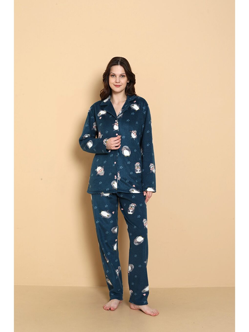 Petrol Önden Düğmeli Desenli Kışlık Polar Kadın Pijama Takımı 1620