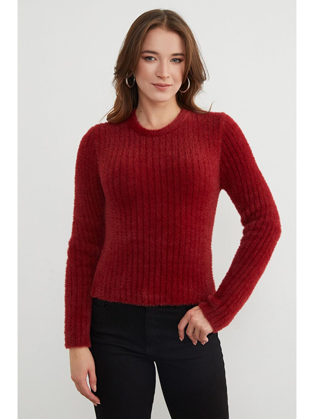 Bordo Bisiklet Yaka Sakallı Yumuşak Dokulu Kazak-1