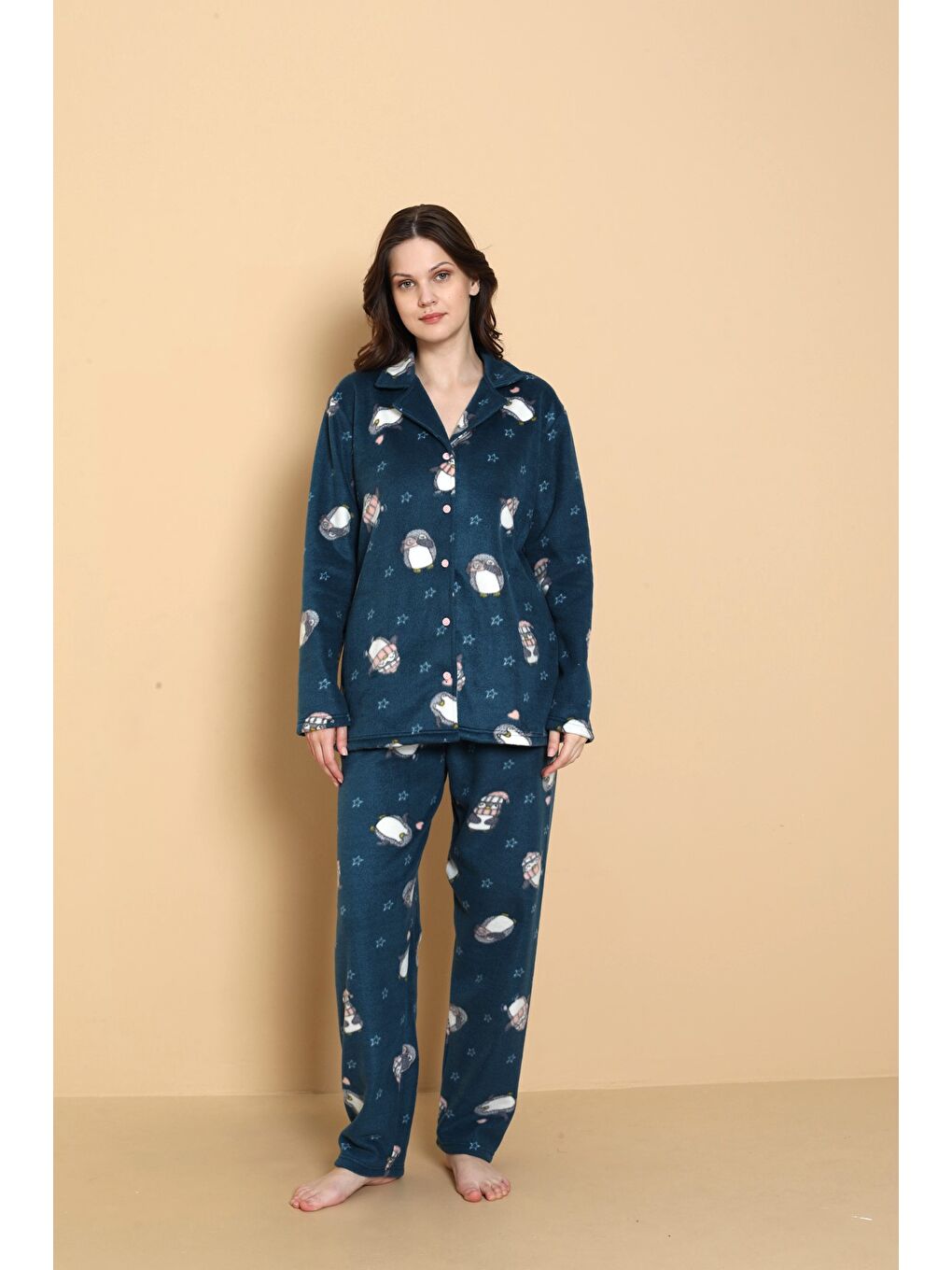 Petrol Önden Düğmeli Desenli Kışlık Polar Kadın Pijama Takımı 1620-1