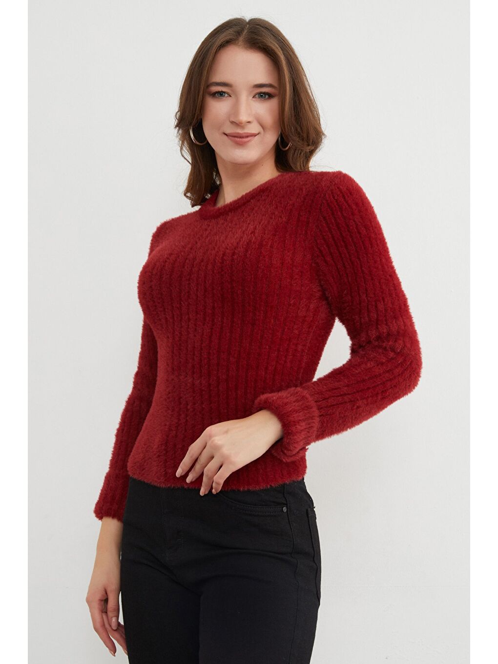 Bordo Bisiklet Yaka Sakallı Yumuşak Dokulu Kazak-3