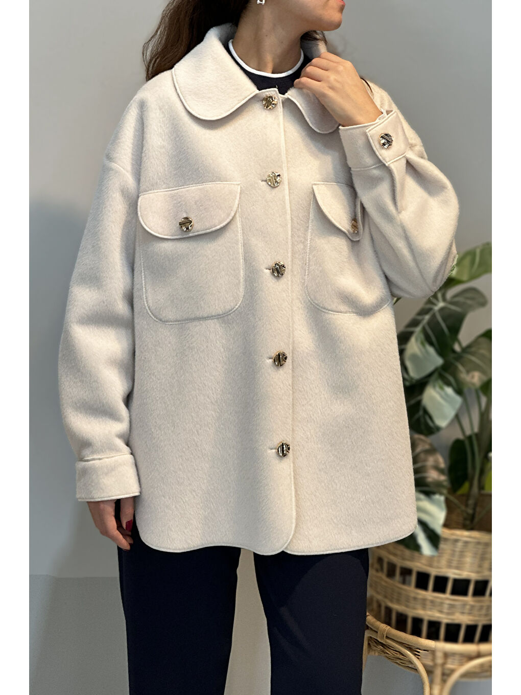 Cep ve Düğme Detaylı Ceket 35851 Ekru