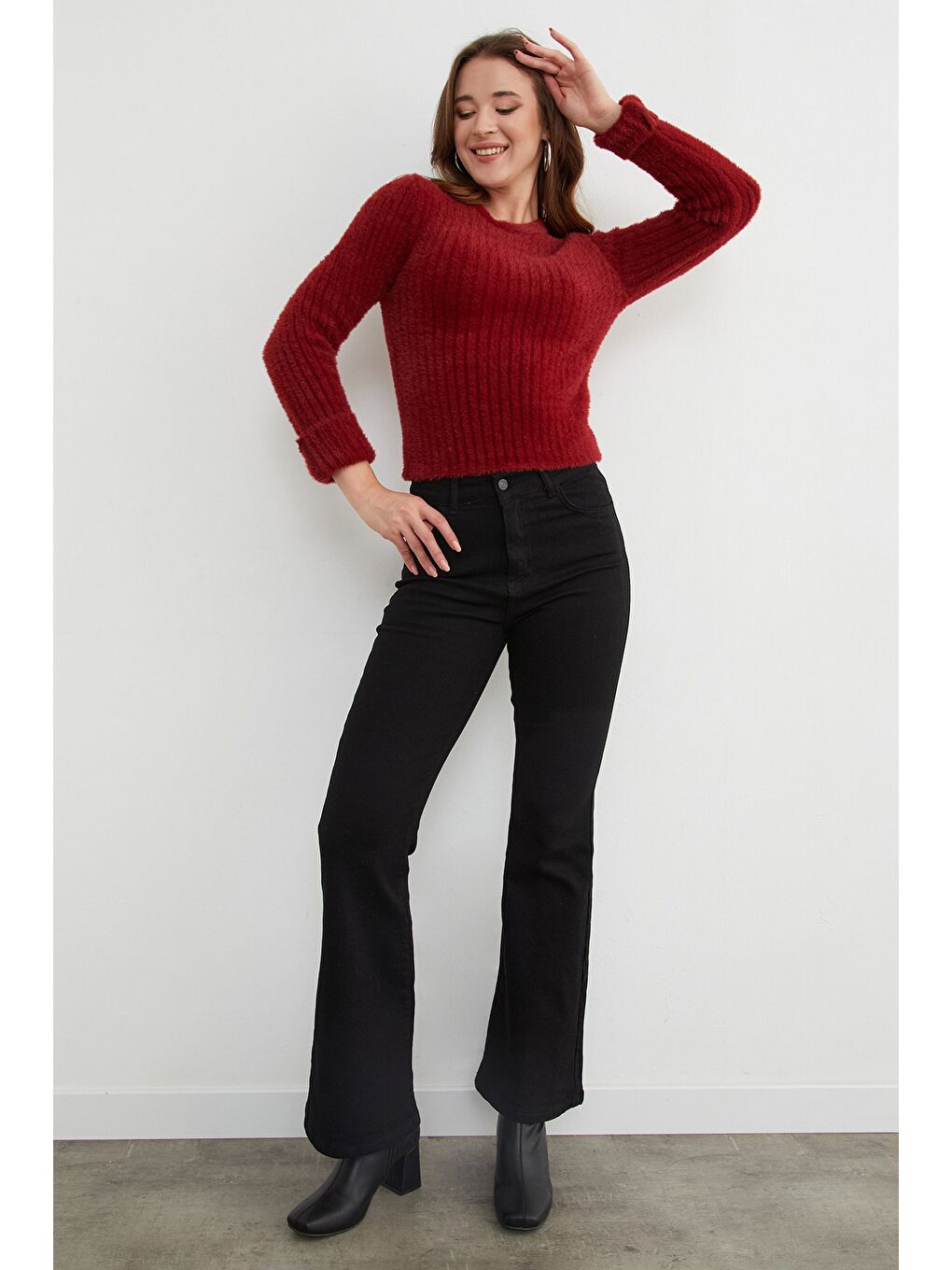 Bordo Bisiklet Yaka Sakallı Yumuşak Dokulu Kazak-4