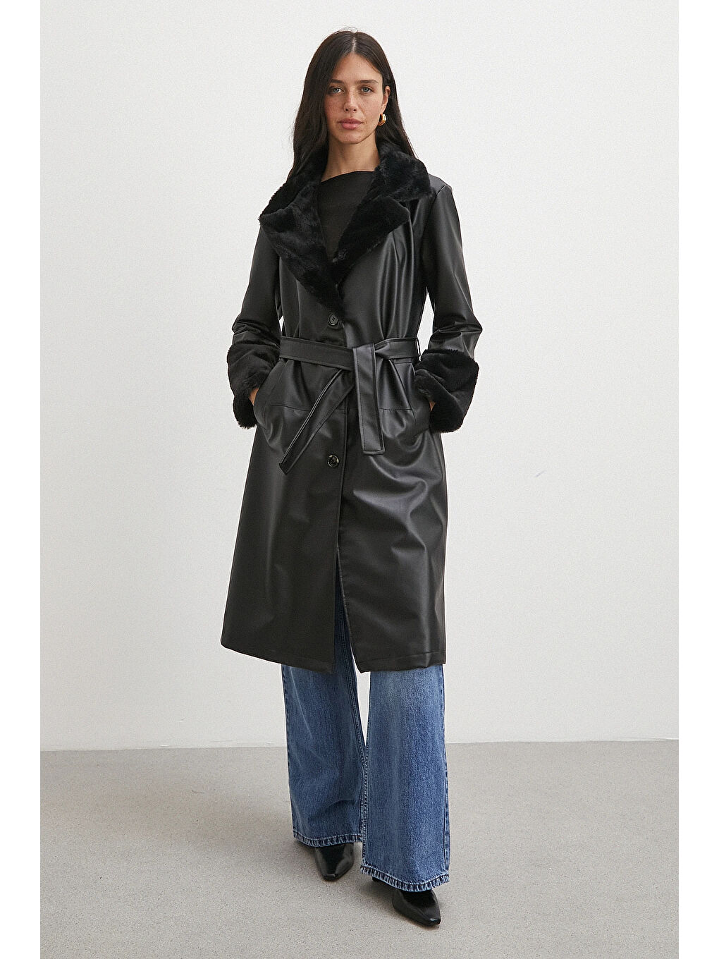 Kürklü Kuşaklı Deri Pardesü Siyah-1