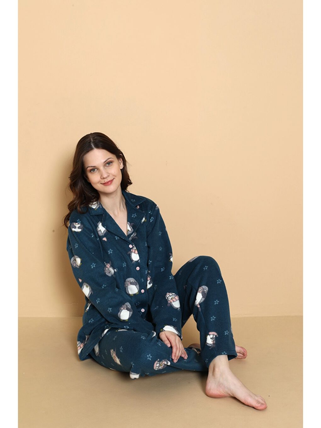 Petrol Önden Düğmeli Desenli Kışlık Polar Kadın Pijama Takımı 1620-3