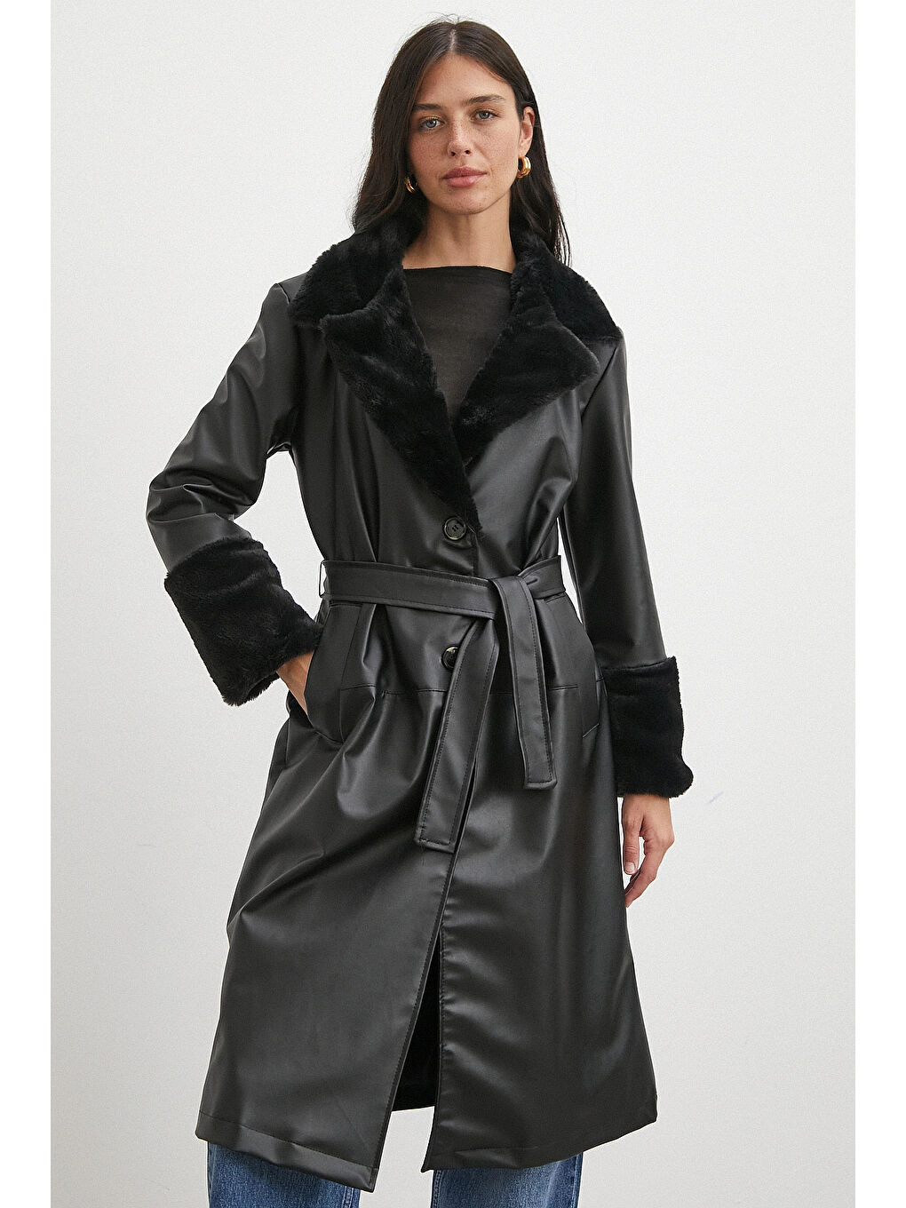 Kürklü Kuşaklı Deri Pardesü Siyah-2