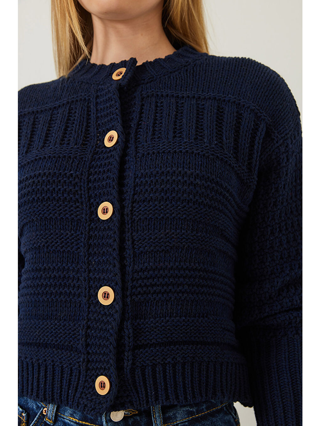 Lacivert Kadın Düğmeli Desenli Triko Hırka-4