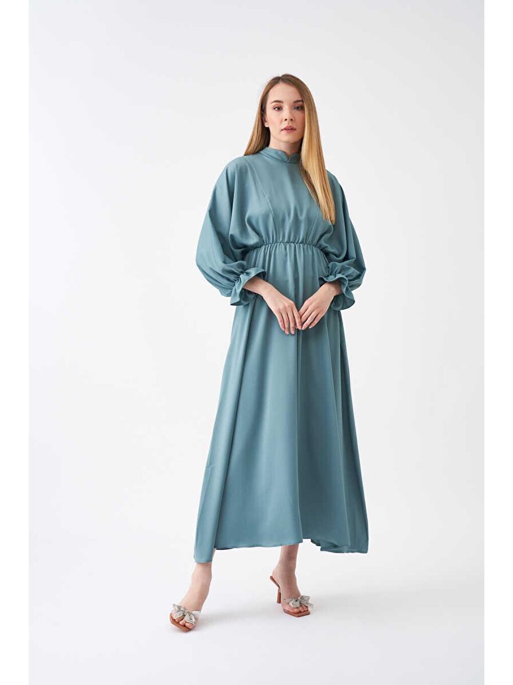 Yeşil Beli Lastikli Abiye Elbise Mint-1