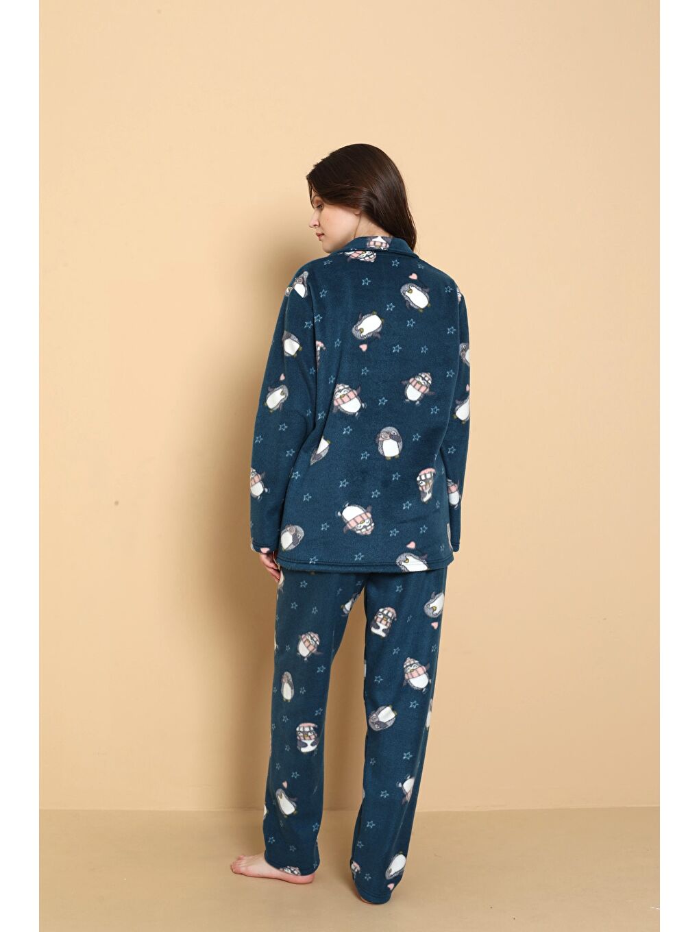 Petrol Önden Düğmeli Desenli Kışlık Polar Kadın Pijama Takımı 1620-4