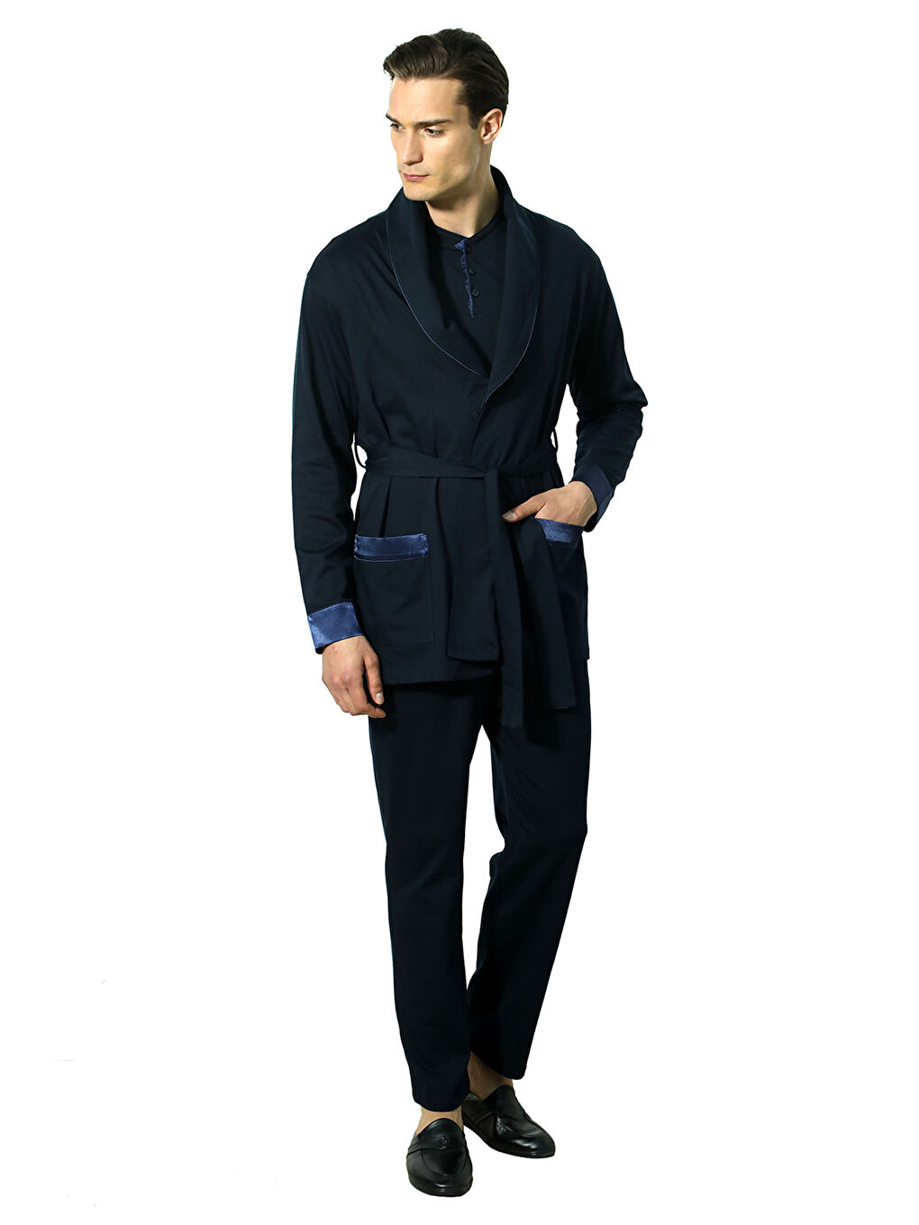 Lacivert Saten Biyeli Patlı 5li Penye Rob Set LACİVERT