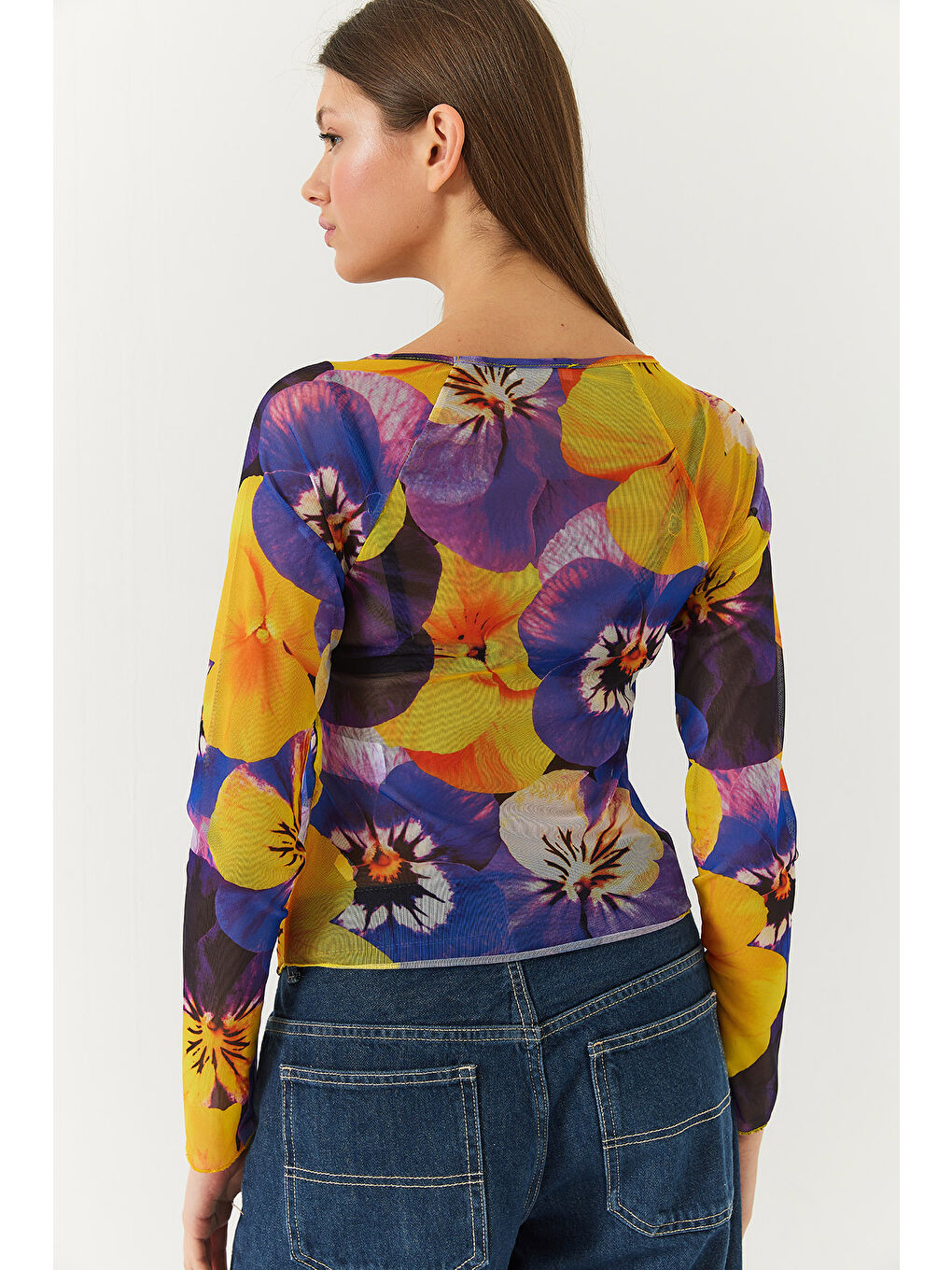 Mor Kadın Bisiklet Yaka Dijital Baskılı Asimetrik Kesim Tül Bluz-5