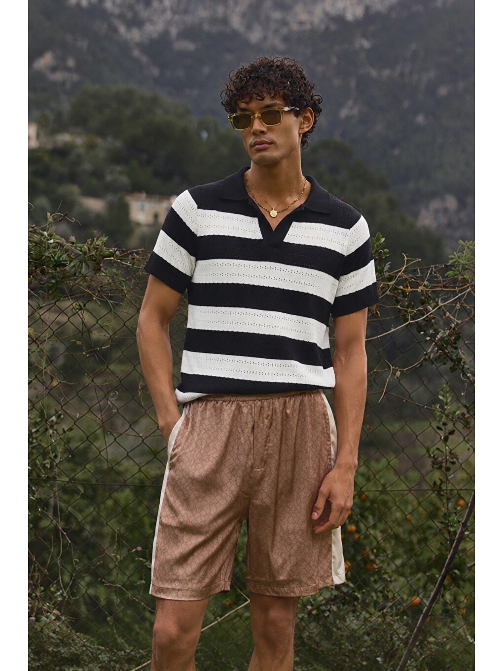 Siyah Erkek Oversize Kalın Örgü Polo Yaka Triko Fileli Tişört Çizgili Vintage Yazlık Rahat Fit
