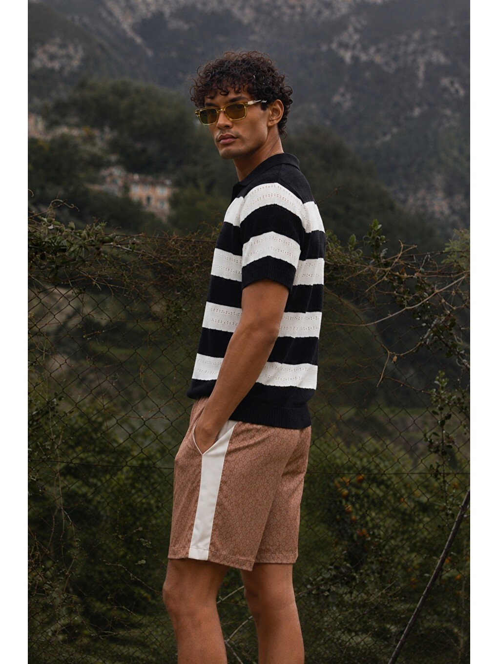 Siyah Erkek Oversize Kalın Örgü Polo Yaka Triko Fileli Tişört Çizgili Vintage Yazlık Rahat Fit-1