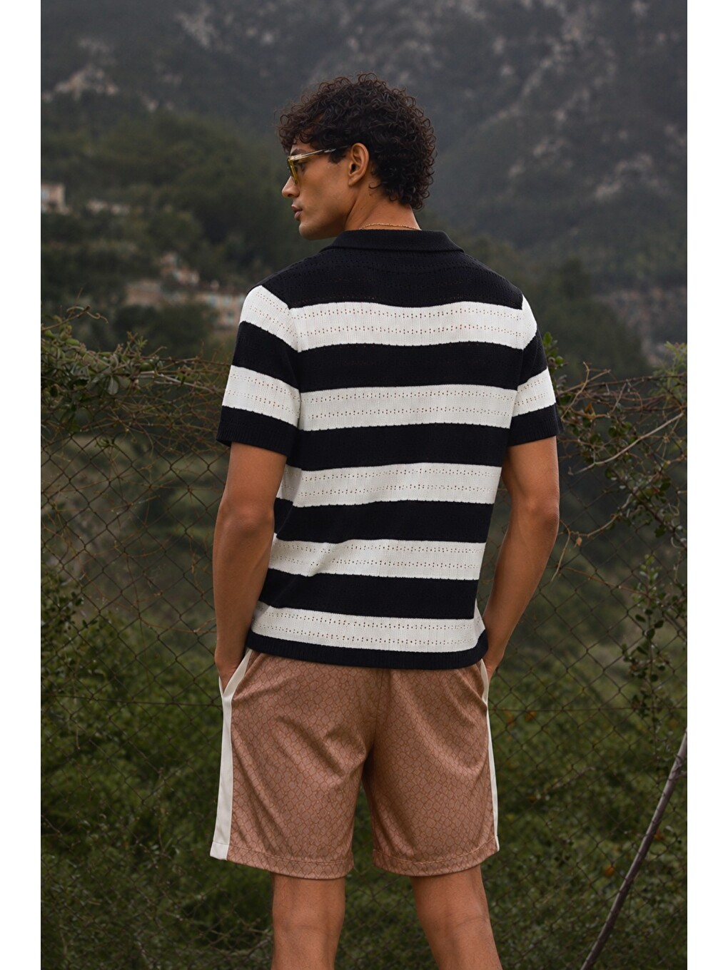 Siyah Erkek Oversize Kalın Örgü Polo Yaka Triko Fileli Tişört Çizgili Vintage Yazlık Rahat Fit-2