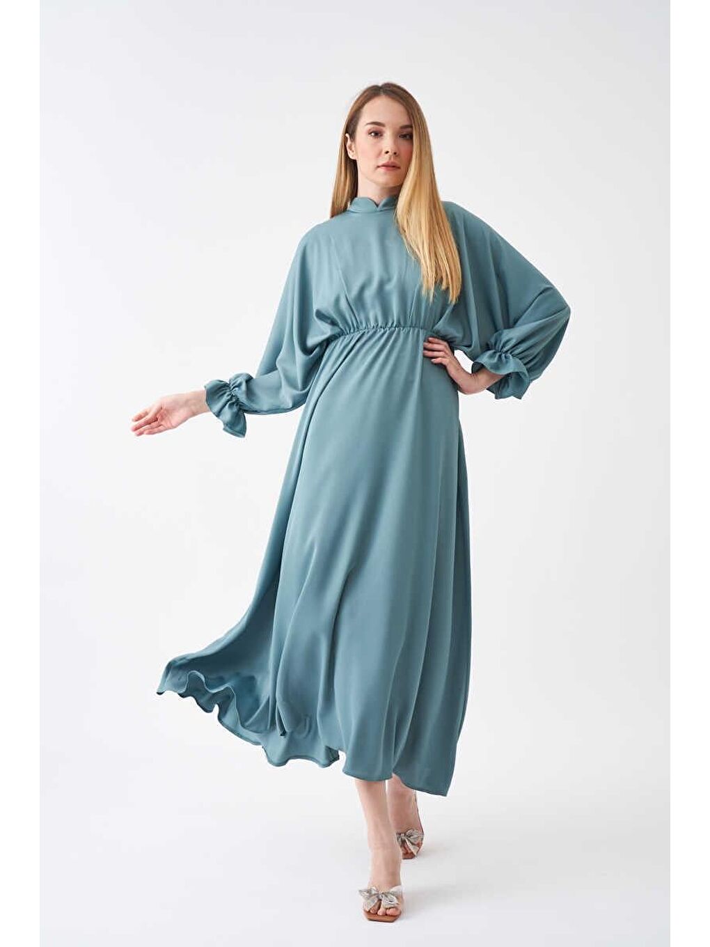 Yeşil Beli Lastikli Abiye Elbise Mint-3
