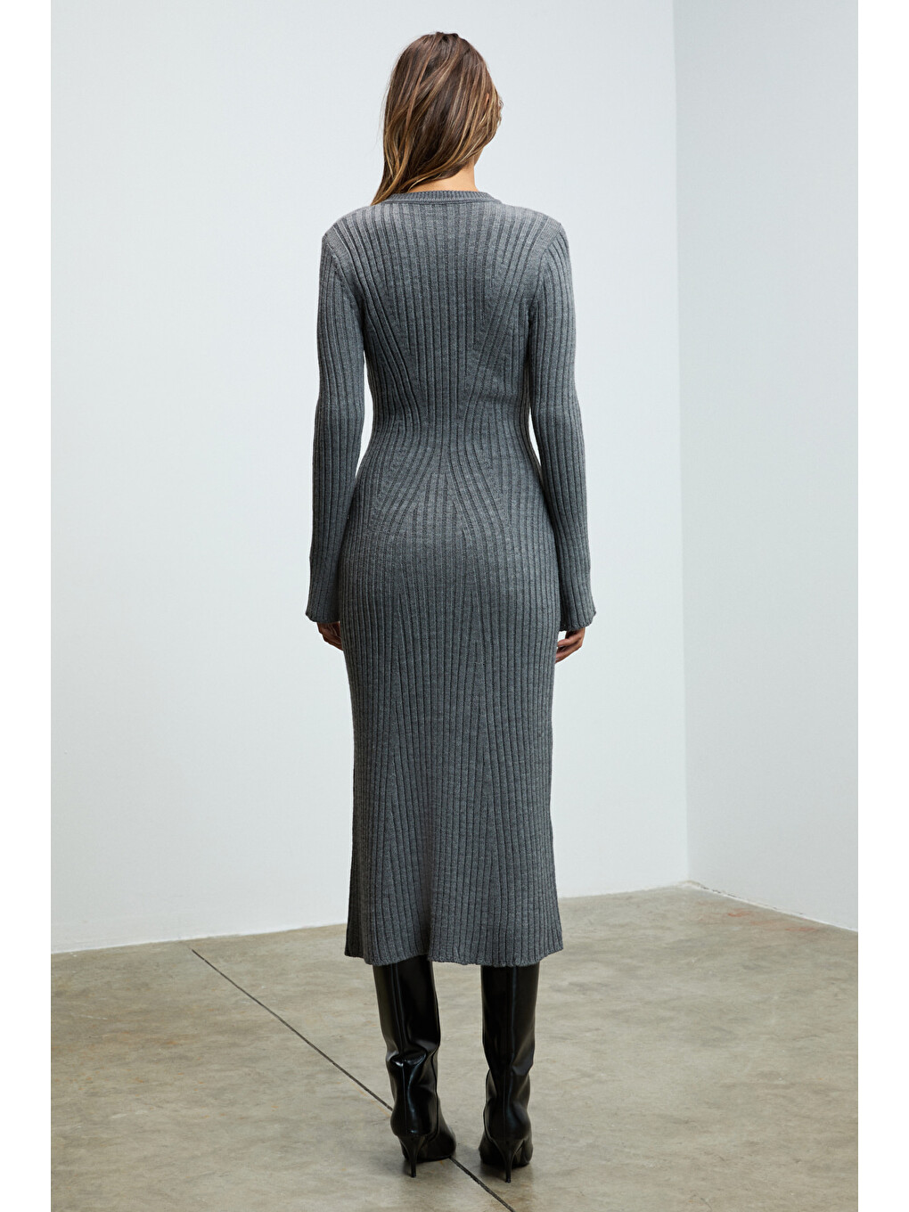 Duende Kadın Yuvarlak Yaka Çizgi Desenli Slim Fit Triko Gri Melanj Elbise-4