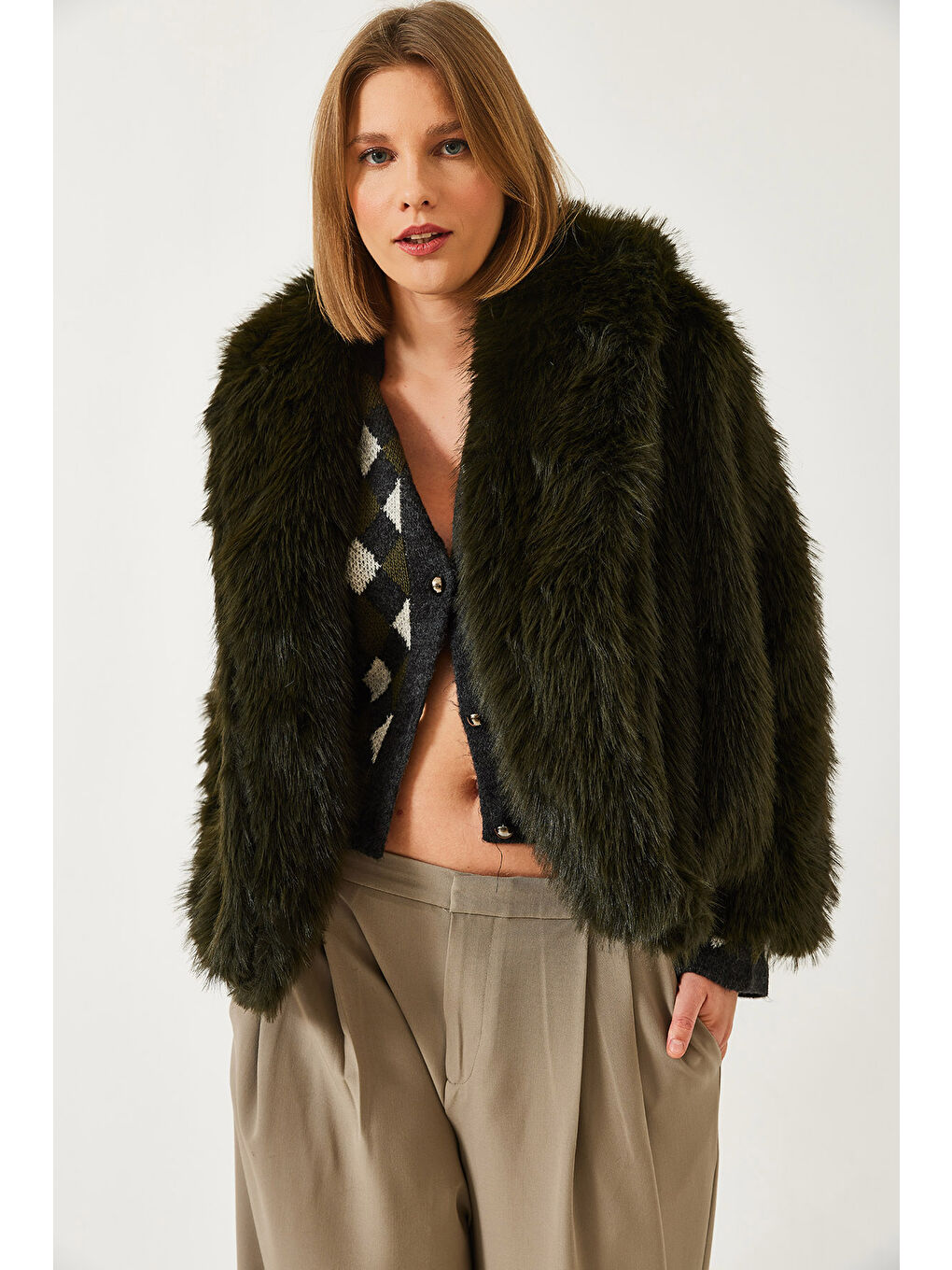 Haki Kadın Premium Suni Kürk Ceket-1