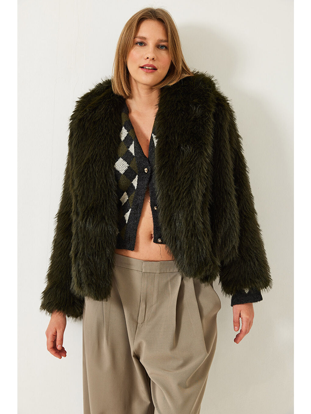 Haki Kadın Premium Suni Kürk Ceket-2