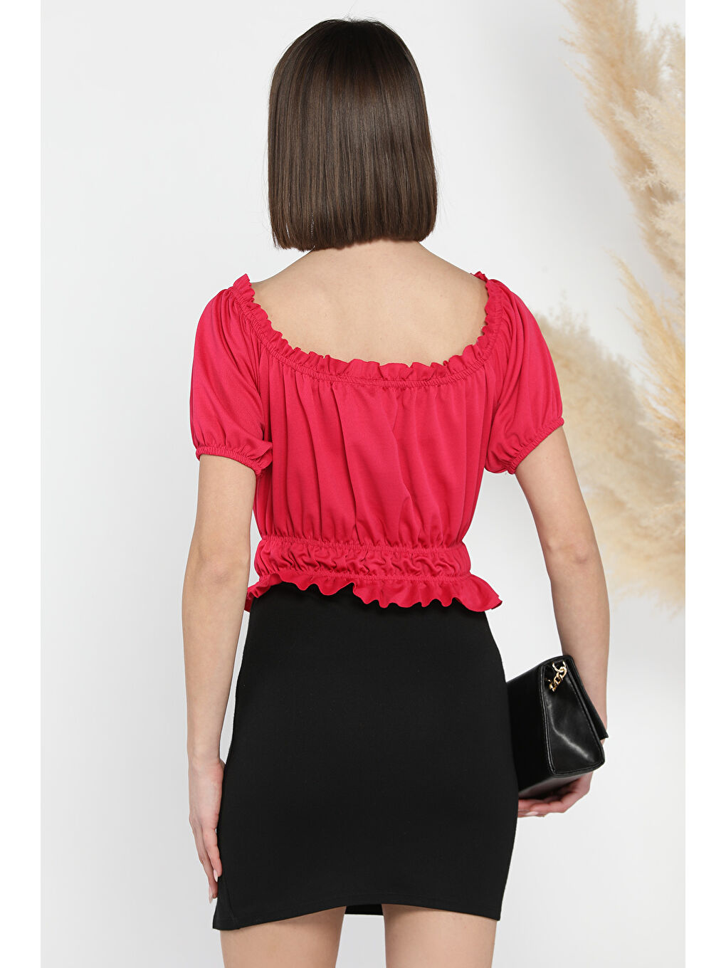 Fuşya Karpuz Kol Bel Lastikli Fırfır Detaylı Kadın Crop Bluz-2