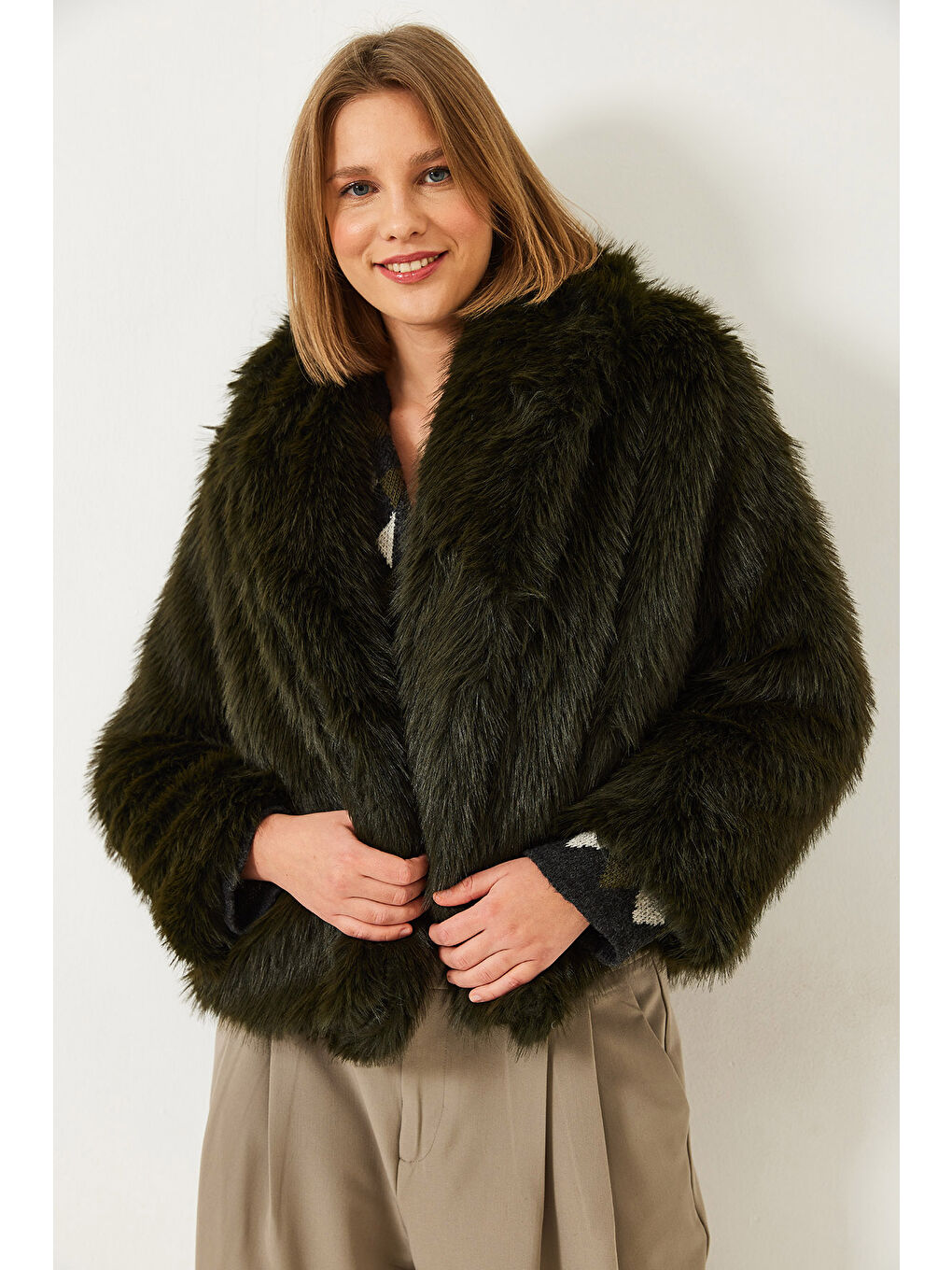 Haki Kadın Premium Suni Kürk Ceket-3