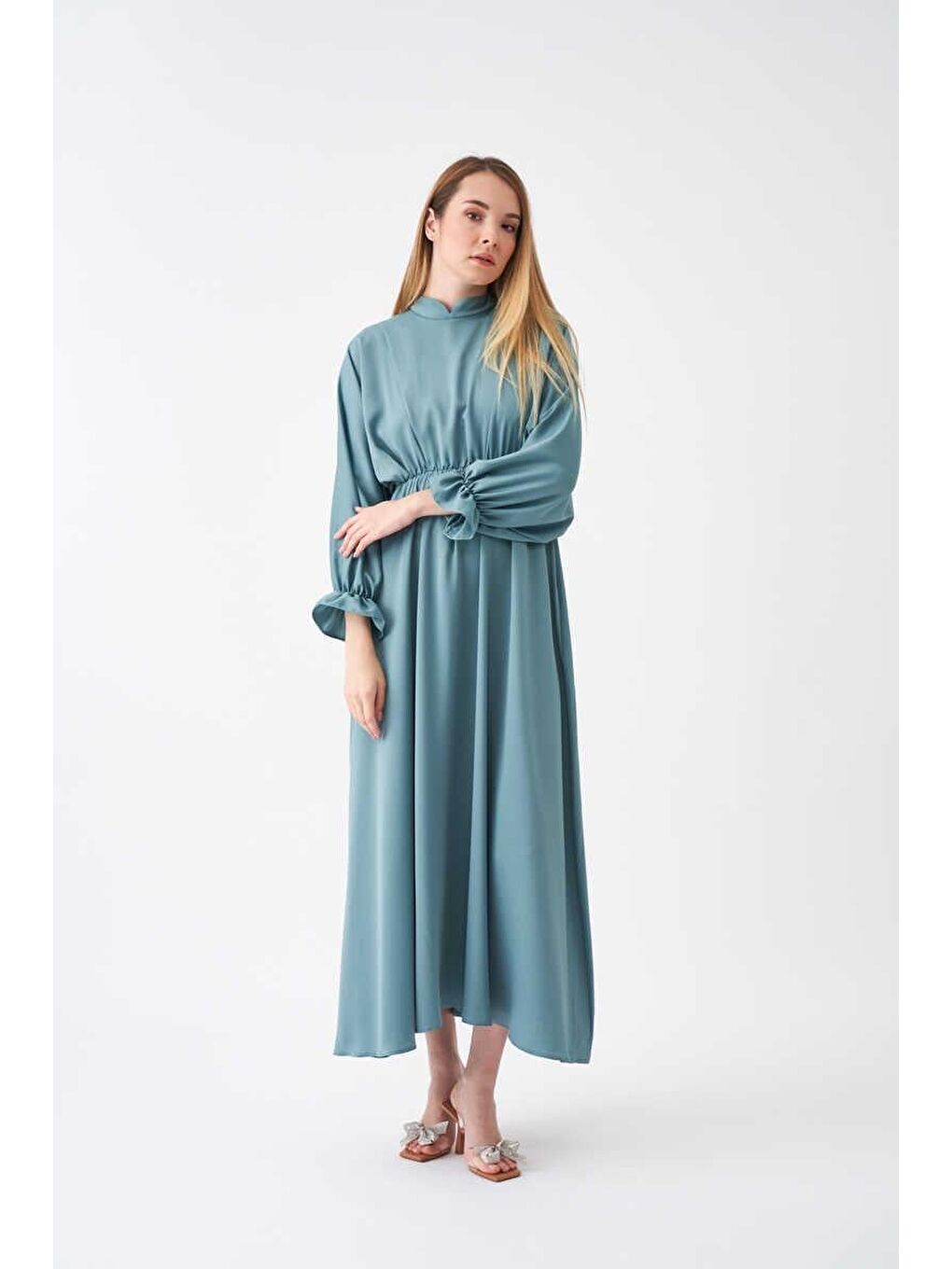 Yeşil Beli Lastikli Abiye Elbise Mint-5