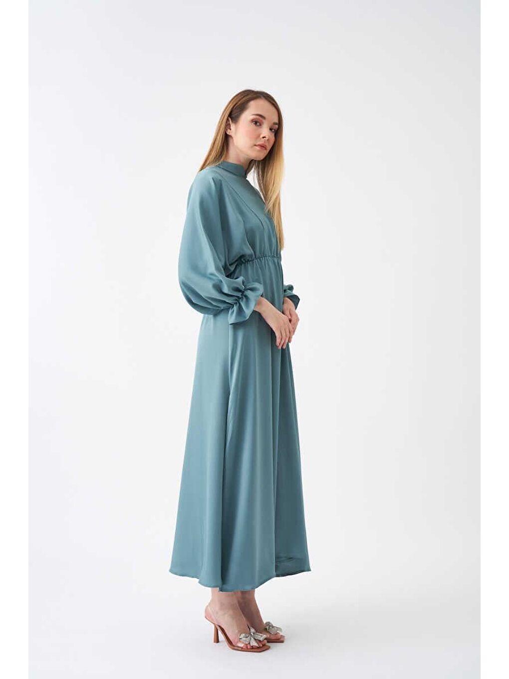 Yeşil Beli Lastikli Abiye Elbise Mint-6