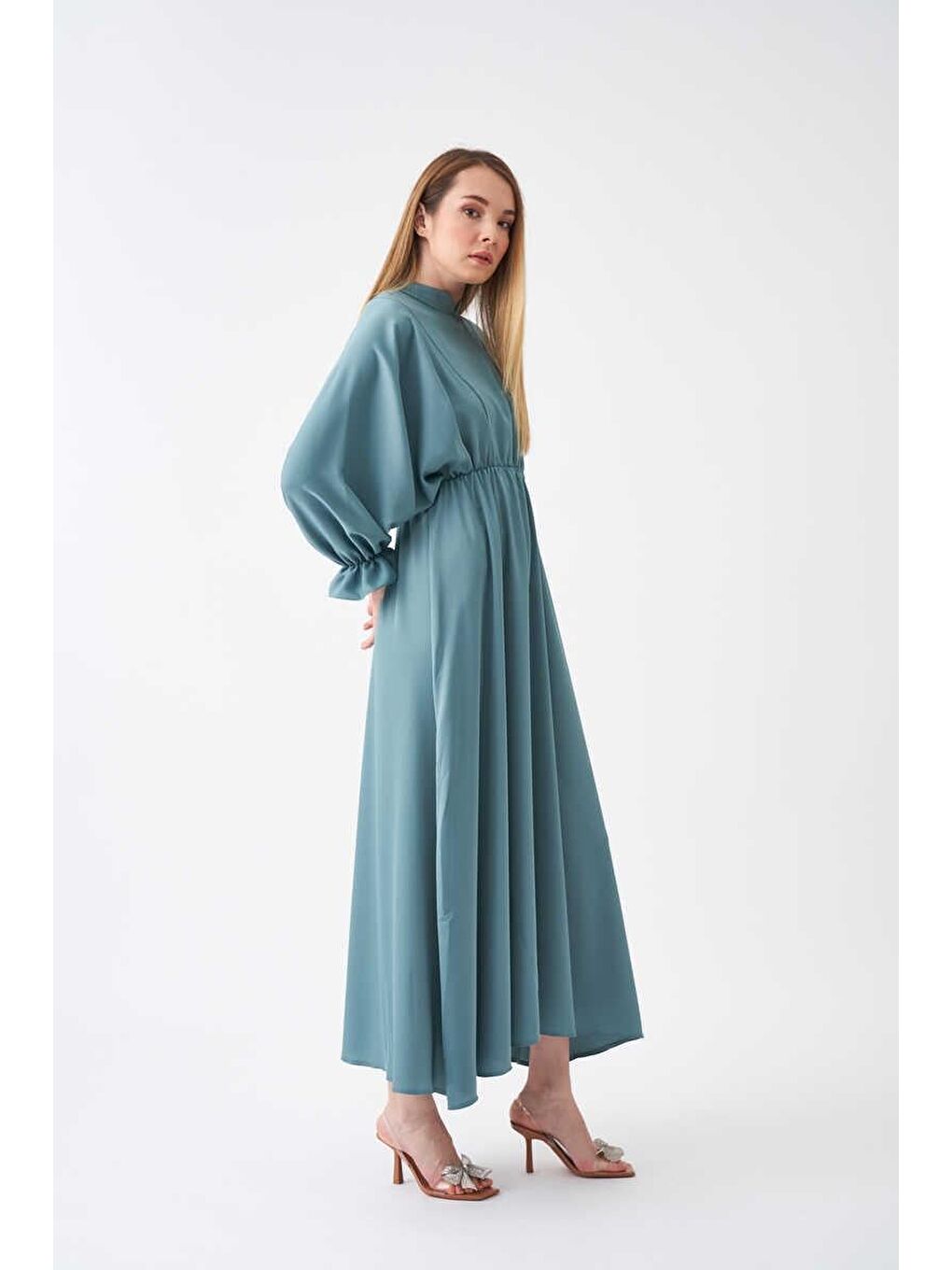 Yeşil Beli Lastikli Abiye Elbise Mint-7
