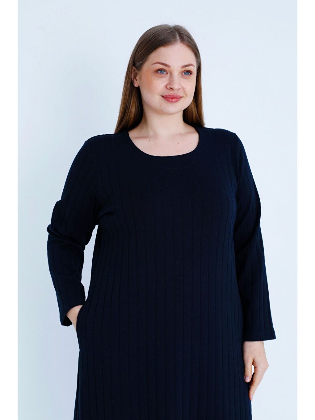 Lacivert Çizgi Desenli Uzun Kollu Cepli Kadın Büyük Beden Jakarlı Elbise-1