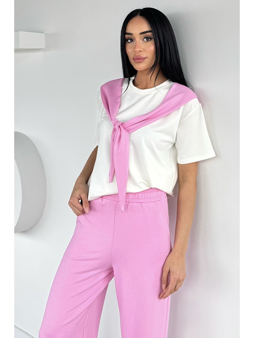 Pembe Kadın Bel Lastikli Pantolon Ön Bağlamalı Bluz İkili Takım-1