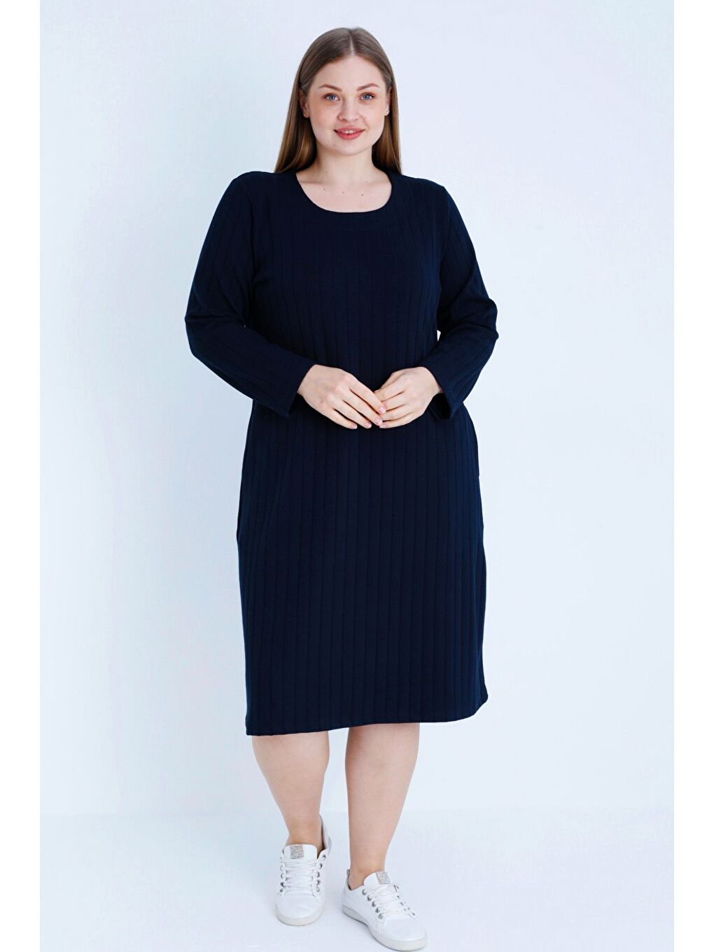 Lacivert Çizgi Desenli Uzun Kollu Cepli Kadın Büyük Beden Jakarlı Elbise-2