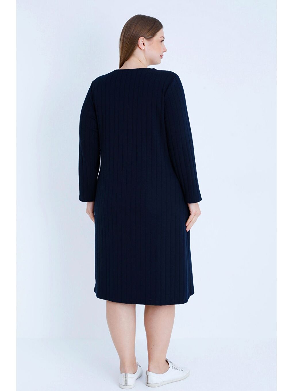 Lacivert Çizgi Desenli Uzun Kollu Cepli Kadın Büyük Beden Jakarlı Elbise-3