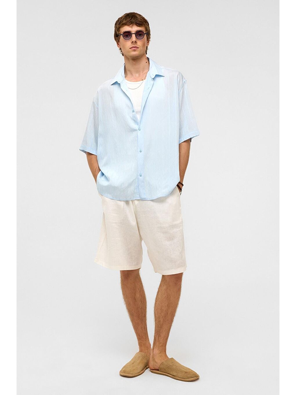 Oversize Çizgili Kısa Kollu Modal Kumaş Gömlek Bebe Mavi-1