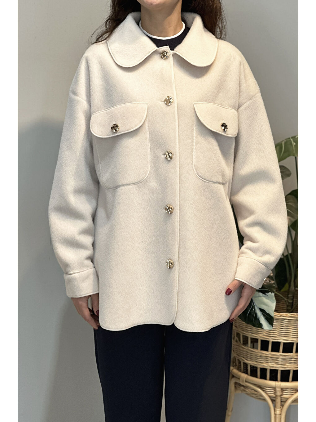 Cep ve Düğme Detaylı Ceket 35851 Ekru-3