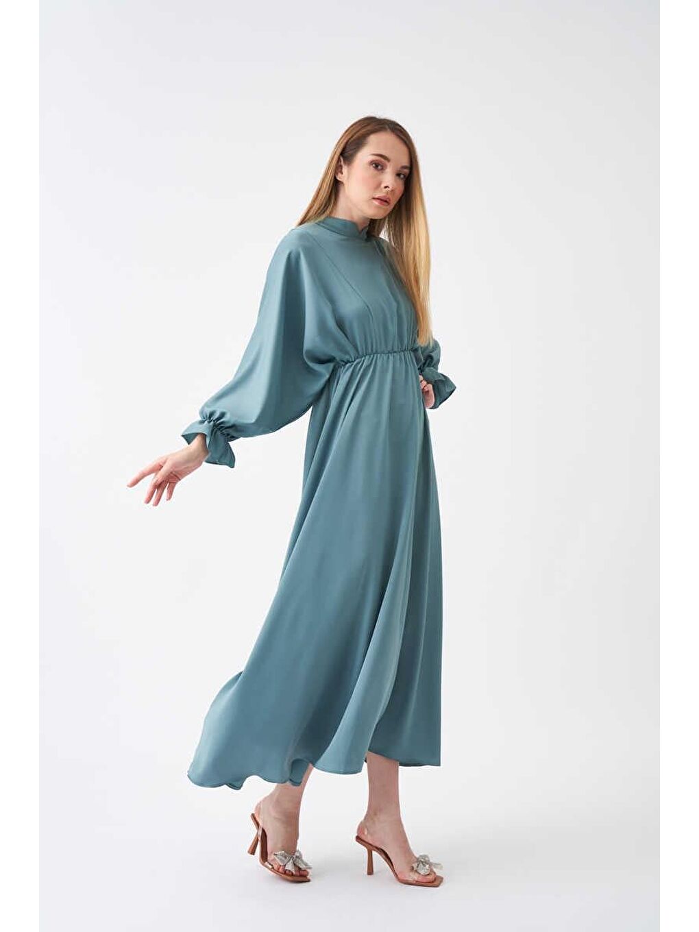 Yeşil Beli Lastikli Abiye Elbise Mint-8