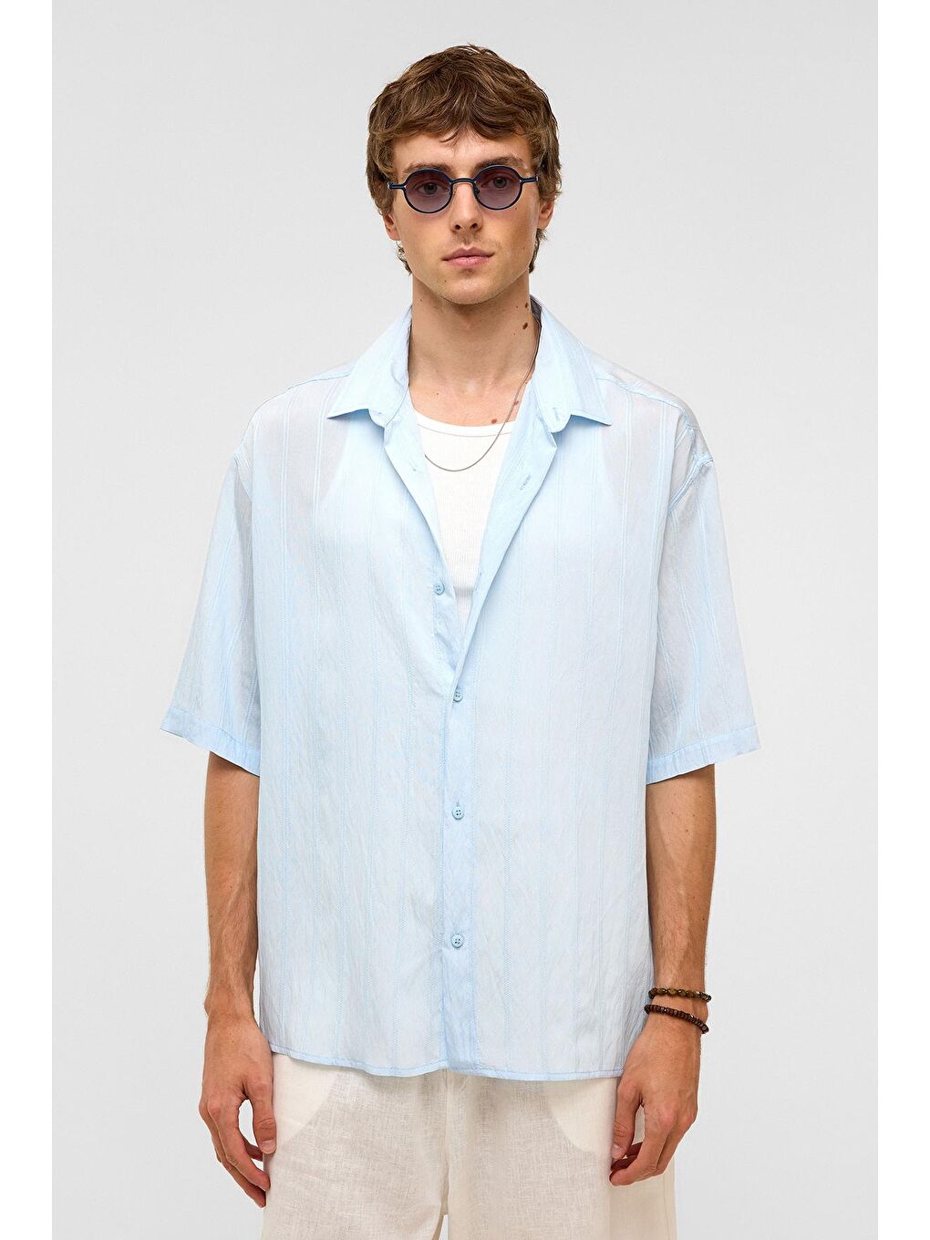 Oversize Çizgili Kısa Kollu Modal Kumaş Gömlek Bebe Mavi-2