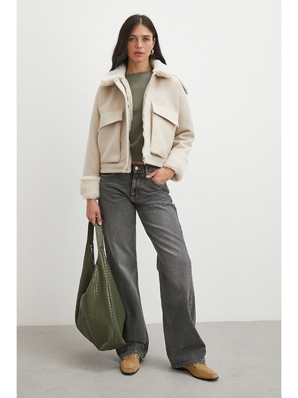 Apoletli Yünlü Körük Cepli Kaşe Mont Bej