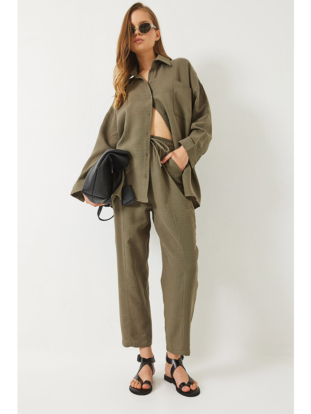 Haki Kadın Oversize Gömlek Şalvar Pantolon Müslin Alt-Üst Takım