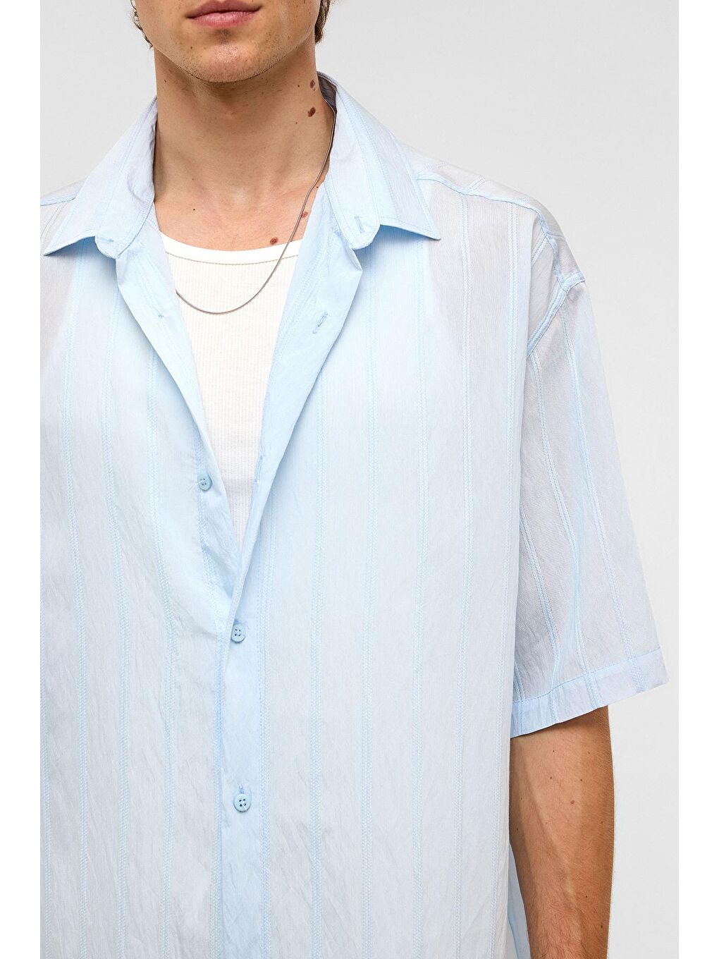 Oversize Çizgili Kısa Kollu Modal Kumaş Gömlek Bebe Mavi-4