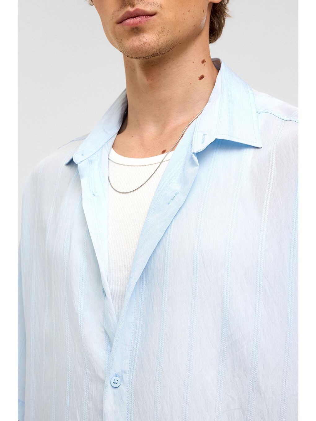 Oversize Çizgili Kısa Kollu Modal Kumaş Gömlek Bebe Mavi-5