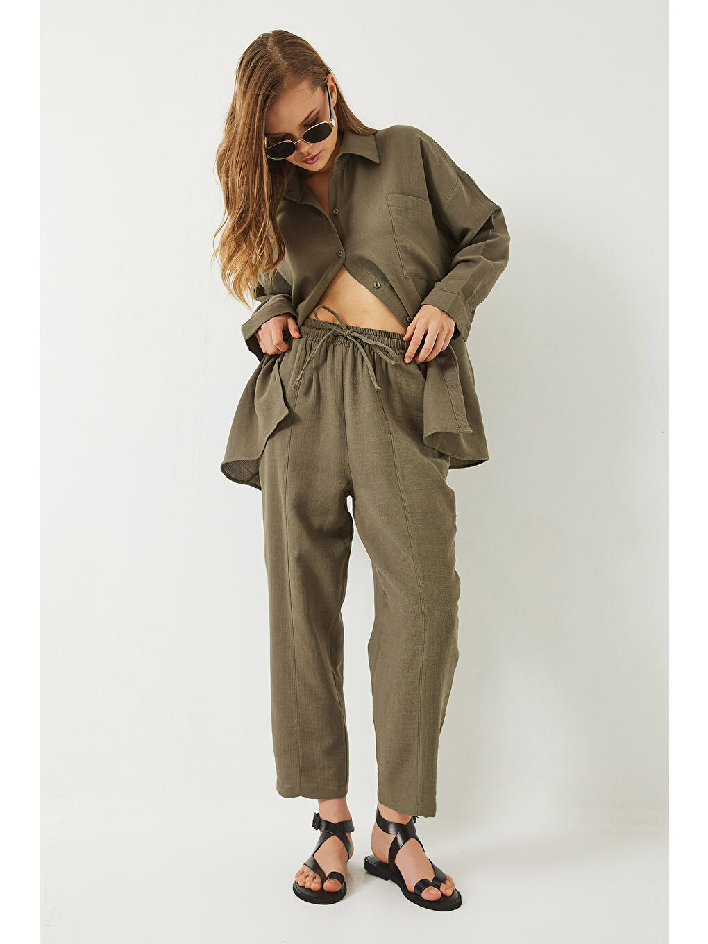 Haki Kadın Oversize Gömlek Şalvar Pantolon Müslin Alt-Üst Takım-2