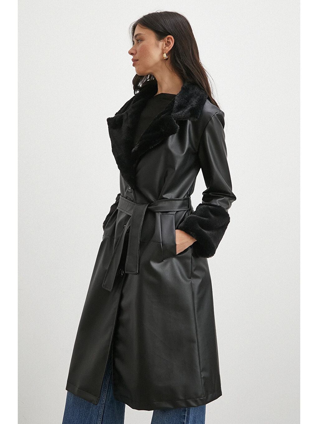 Kürklü Kuşaklı Deri Pardesü Siyah-3