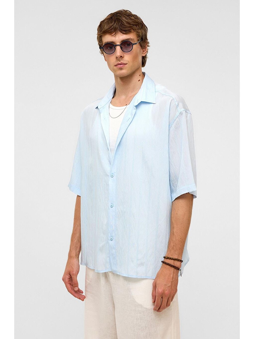 Oversize Çizgili Kısa Kollu Modal Kumaş Gömlek Bebe Mavi-6