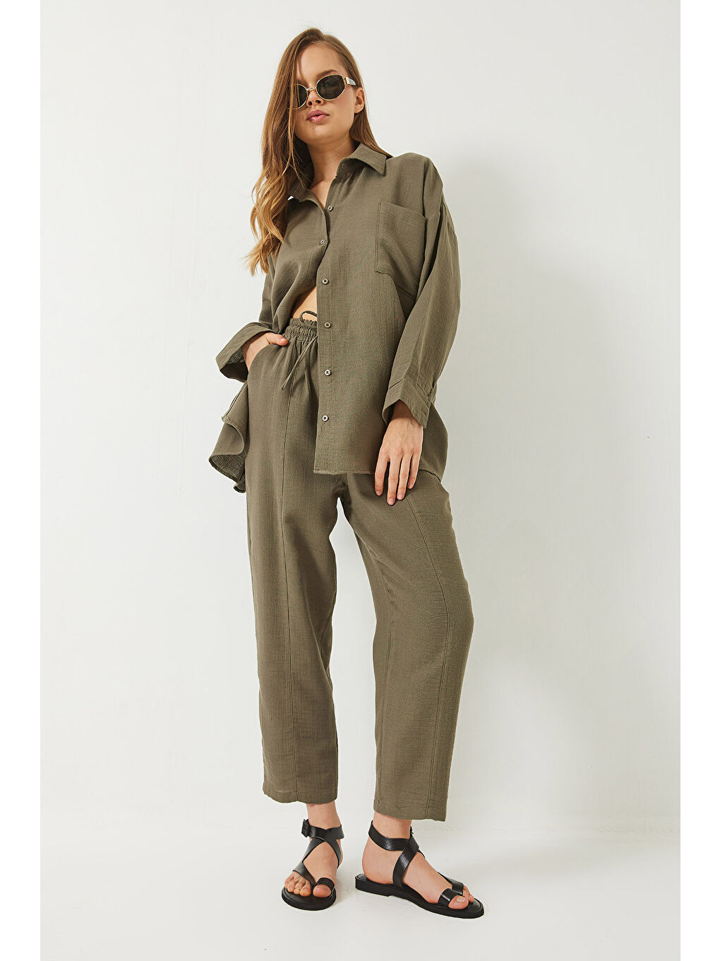 Haki Kadın Oversize Gömlek Şalvar Pantolon Müslin Alt-Üst Takım-3
