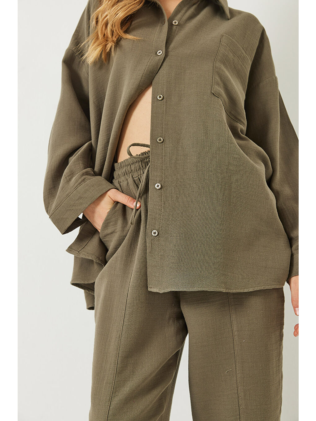 Haki Kadın Oversize Gömlek Şalvar Pantolon Müslin Alt-Üst Takım-4