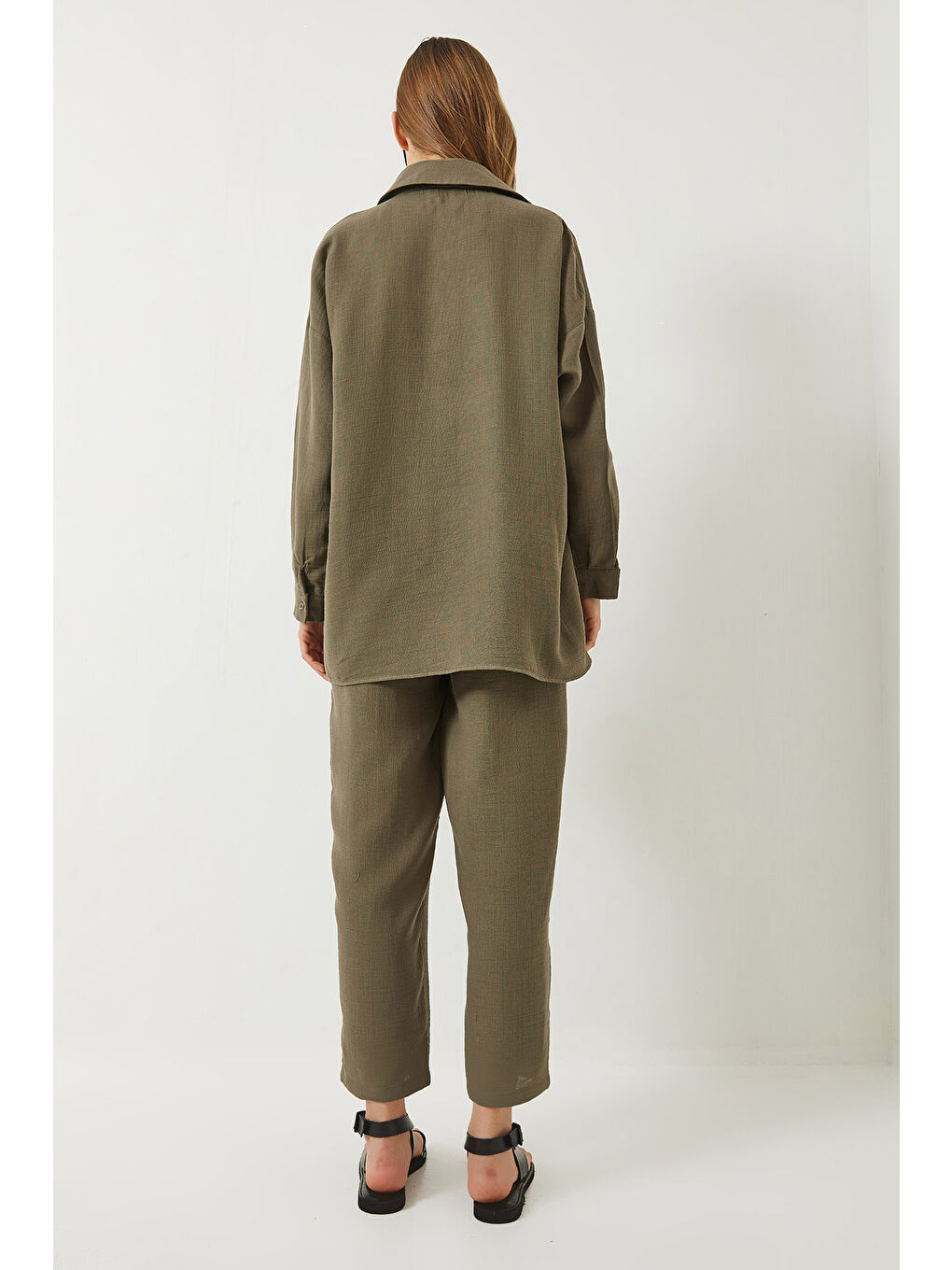Haki Kadın Oversize Gömlek Şalvar Pantolon Müslin Alt-Üst Takım-5