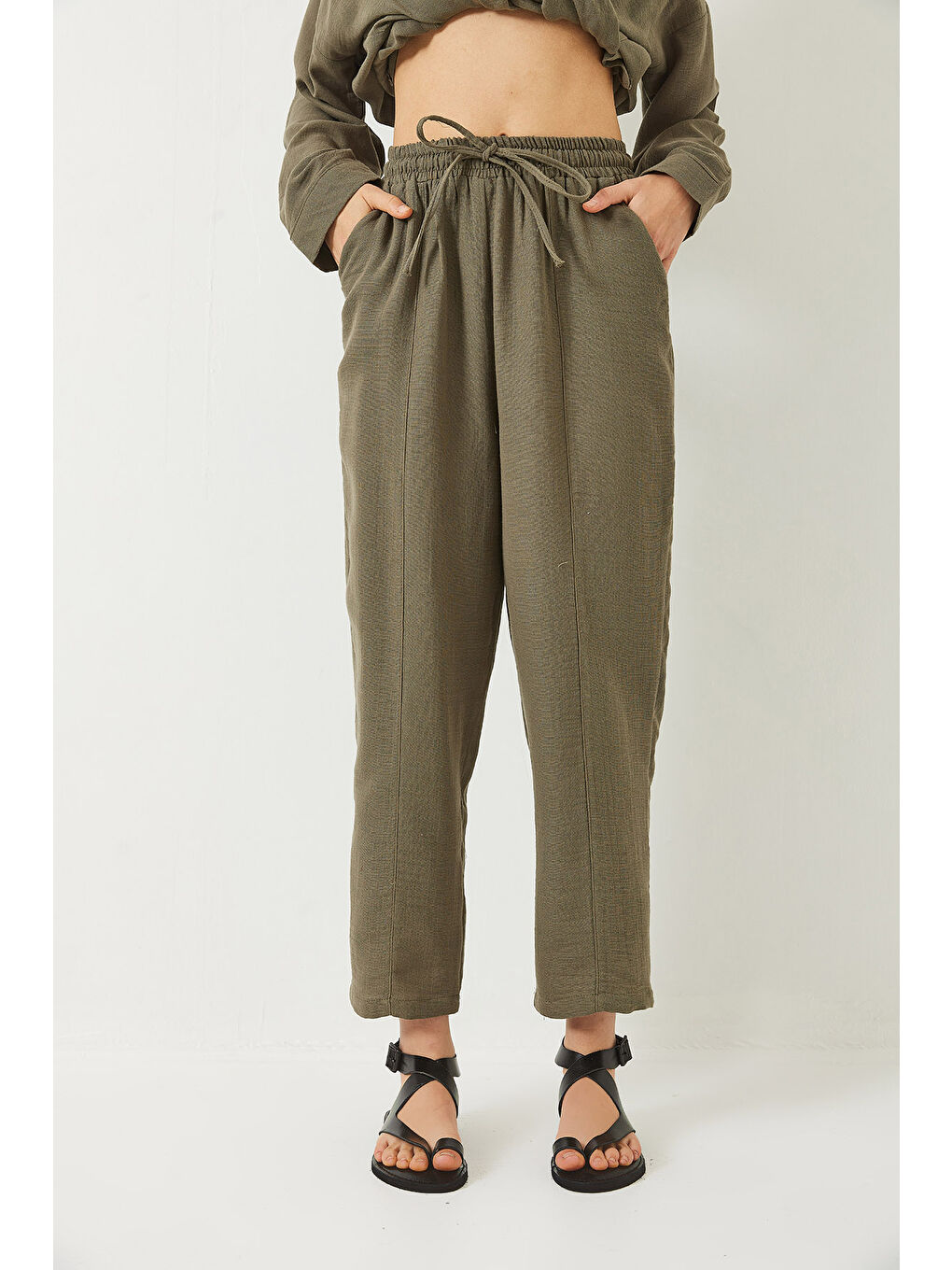 Haki Kadın Oversize Gömlek Şalvar Pantolon Müslin Alt-Üst Takım-6