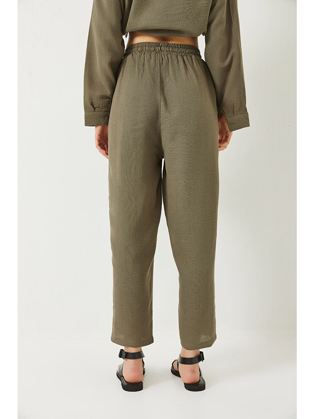 Haki Kadın Oversize Gömlek Şalvar Pantolon Müslin Alt-Üst Takım-7