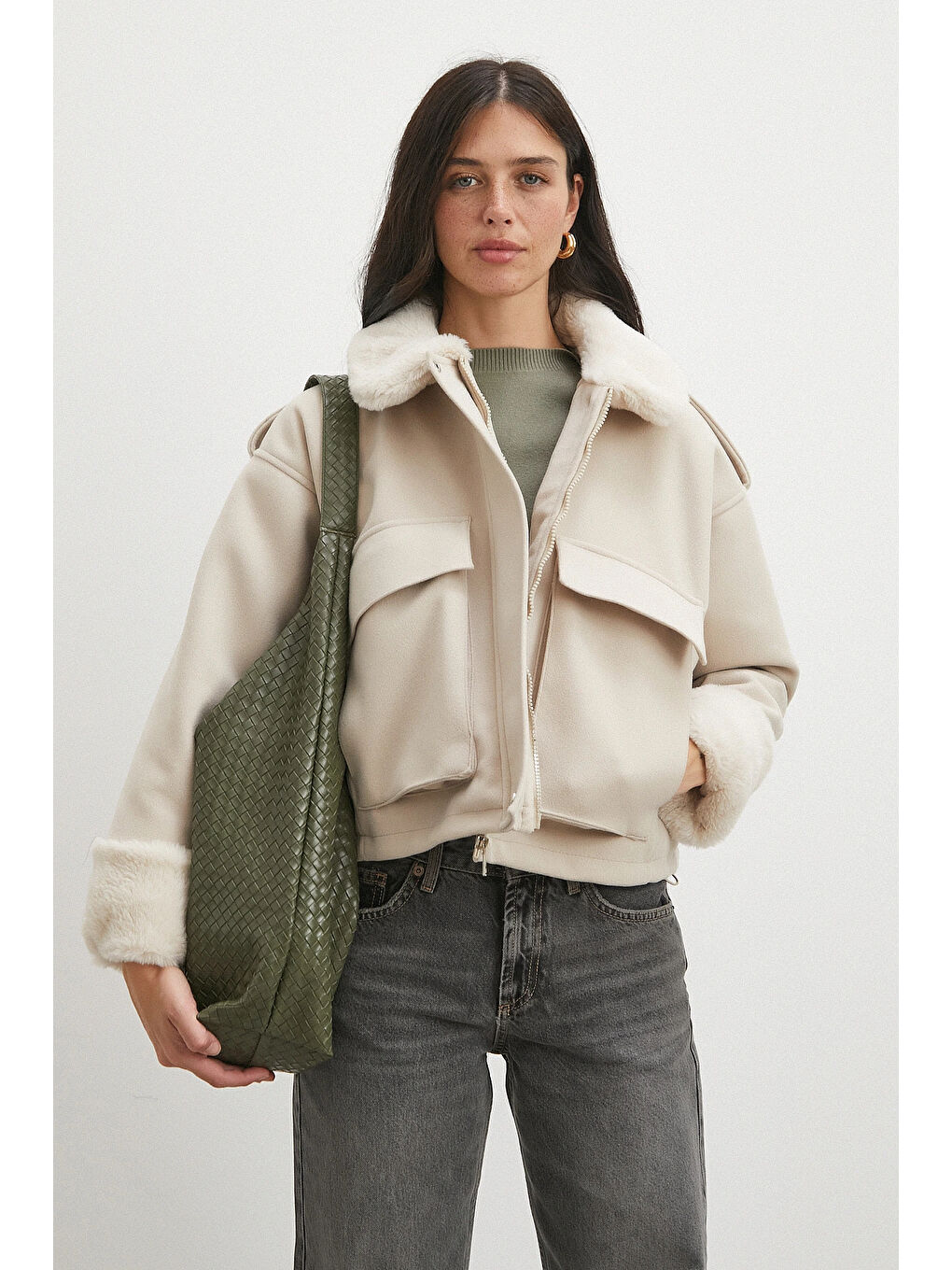 Apoletli Yünlü Körük Cepli Kaşe Mont Bej-1